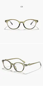 Detailed views of olive green cat-eye glasses frames in front and side perspectives