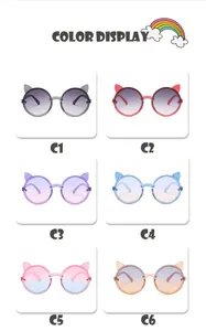 Six color variants of children's cat-ear round sunglasses with glitter jelly frames.