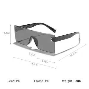 Gafas de sol rectangulares sin montura con medidas detalladas y especificaciones de PC.