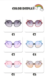 Niedliche fuchs-förmige Kinder-Sonnenbrille in sechs lebendigen Verlaufsfarben für Kinder.