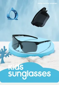 Detailed view of foldable black kids sports sunglasses for outdoor cycling and travel.