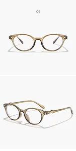 Front and side view of transparent amber cat-eye glasses frames for a minimalist style