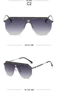 Multi-angle views of fashionable one-piece shield sunglasses with gradient lenses.