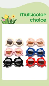Detailed display of irregular flower-shaped children's sunglasses in six vibrant colors