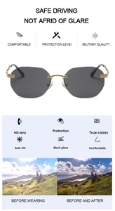 Detail der randlosen Sonnenbrille mit UV-Schutz und Linseneffekt im direkten Vergleich.
