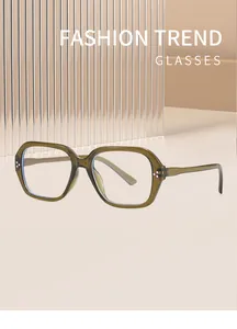 Detailed view of these vintage olive green polygonal anti-blue light glasses frames
