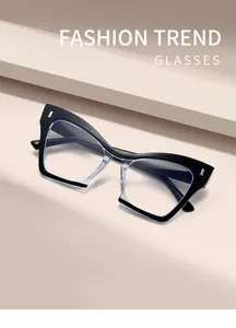 Primer plano detallado de monturas de gafas cat-eye con filtro de luz azul