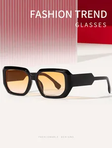 Macro detail of square black sunglasses with orange gradient lenses