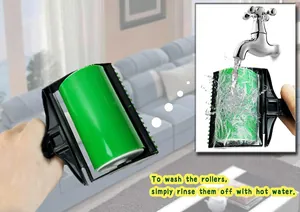 Washable reusable lint roller for pet hair removal with rinse instruction detail