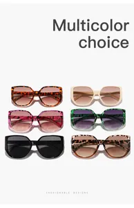 Detail showing six trendy square frame sunglasses in various stylish colors and patterns