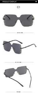 Detailed view of women's rivet frameless sunglasses showing front side and back angles