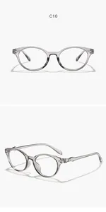 Detailed view of stylish transparent grey cat-eye glasses frame shown from multiple angles