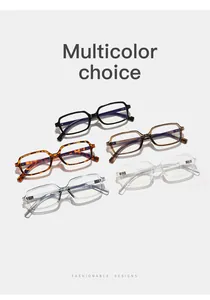 Detailed view of small rectangular anti-blue light glasses in multiple color options