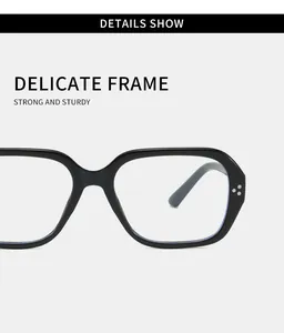 Detail showing the vintage black polygon frame with anti-blue light lenses for women.