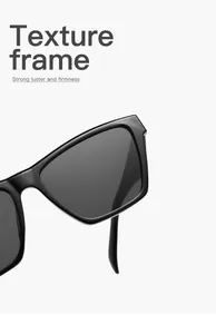 Vue détaillée de lunettes de soleil œil-de-chat noires avec une monture texturée brillante.