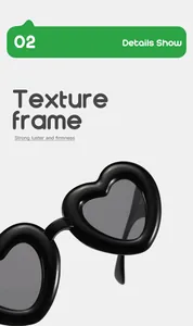 Detail close-up showing the texture of glossy black heart-shaped sunglass frames