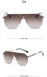 Detailed front and side views of retro oversized one-piece gradient lens sunglasses.