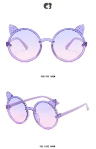 Purple jelly round sunglasses for kids with cute cat ears and gradient lenses