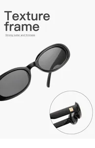 Elegant black oval sunglasses with retro texture frame and detailed gold temple hinge.