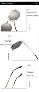 Nahaufnahme einer randlosen Damen-Sonnenbrille mit goldenen Bügeln und bequemen Nasenpads