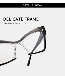 Detalle macro que muestra la montura de gafas cat-eye delicada y resistente para mujer