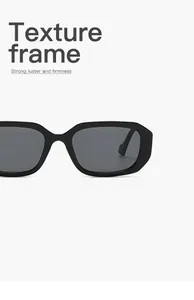 Macro view of black retro rectangular sunglasses featuring a high luster texture frame