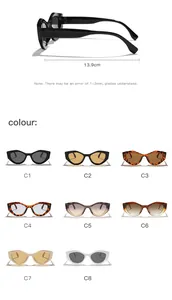 Polygonal irregular cat-eye sunglasses showing eight color variants and 13.9cm width measurement