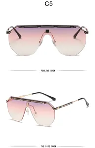 Detailed frontal and side views of shield sunglasses with purple gradient lenses and gold frame