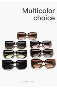 Zeven paar oversized geometrische zonnebrillen in diverse trendy, moderne kleuren.