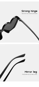 Detalle de la bisagra de metal resistente y la patilla de las gafas de sol de corazón