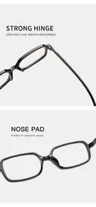 Detail views of sturdy hinges and ergonomic nose pads on square blue light glasses