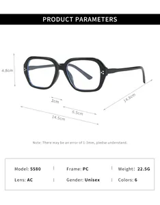 Detailed product parameters and dimensions of black polygonal blue light blocking glasses