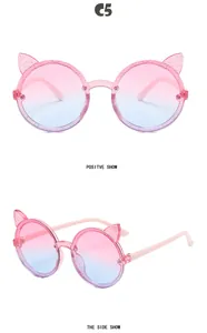 Front and side views of pink cat-ear children's sunglasses with gradient lenses