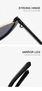 Detail view of strong metal hinge and comfortable temples of cat-eye half-frame sunglasses