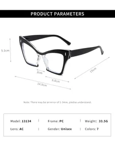 Diagrama de dimensiones detallado para gafas de ojos de gato con filtro de luz azul