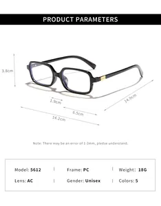 Detailed dimension and material specifications for black square blue-light blocking glasses.