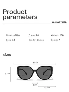 Detailed view of unisex square sunglasses with technical parameters and size dimensions.