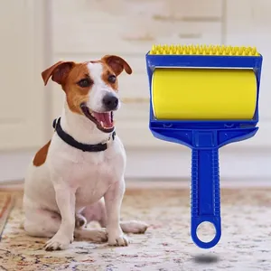 Close-up of a blue and yellow washable lint roller for pet hair removal