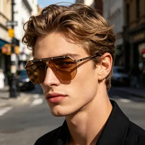 Retro One Piece Shield Sunglasses For Men Metal Frame Oversized Goggles Fashion Street Style UV400 Protection Sun Glasses