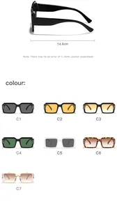 Technische Detailansicht mit 14,6 cm Breite und 7 Farbvarianten der quadratischen Sonnenbrille
