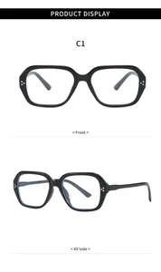 Detail view of retro black polygonal glasses showing front and 45-degree side angles.