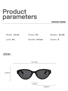 Gedetailleerde productspecificaties en afmetingen voor retro cat-eye zonnebrillen.