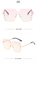 Detailed view showing front and side profiles of pink gradient rimless rivet sunglasses