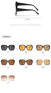Überdimensionale Sonnenbrille Größentabelle und sieben verschiedene Rahmenfarben Optionen
