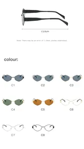 Lunettes de soleil polygonales en métal avec dimensions et huit variantes de couleurs.
