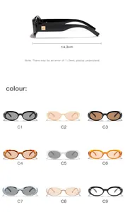 Detailed view of retro oval sunglasses with 14.3cm side measurement and nine color variants.
