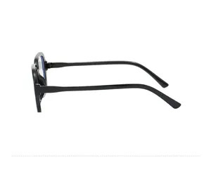 Side profile view of retro polygon black eyeglass frames with blue light blocking lenses