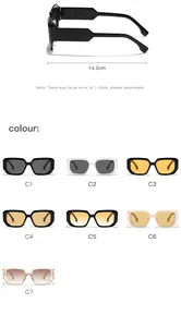 Square frame sunglasses with dimensions and seven color options available.