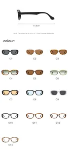 Measurement guide and 13 available color variants for retro rectangular sunglasses