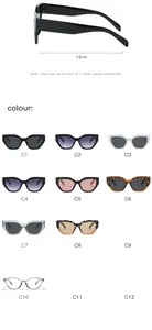 Vista dettagliata delle dimensioni e varianti colore degli occhiali da sole cat-eye.